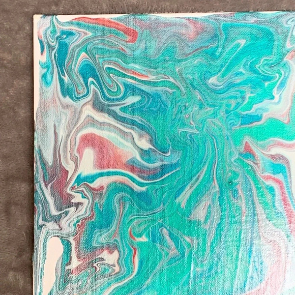 Metallic Wine, Teal, Blue, Silver and White Paint Pour - 8”x8” canvas board - Picture 2 of 8